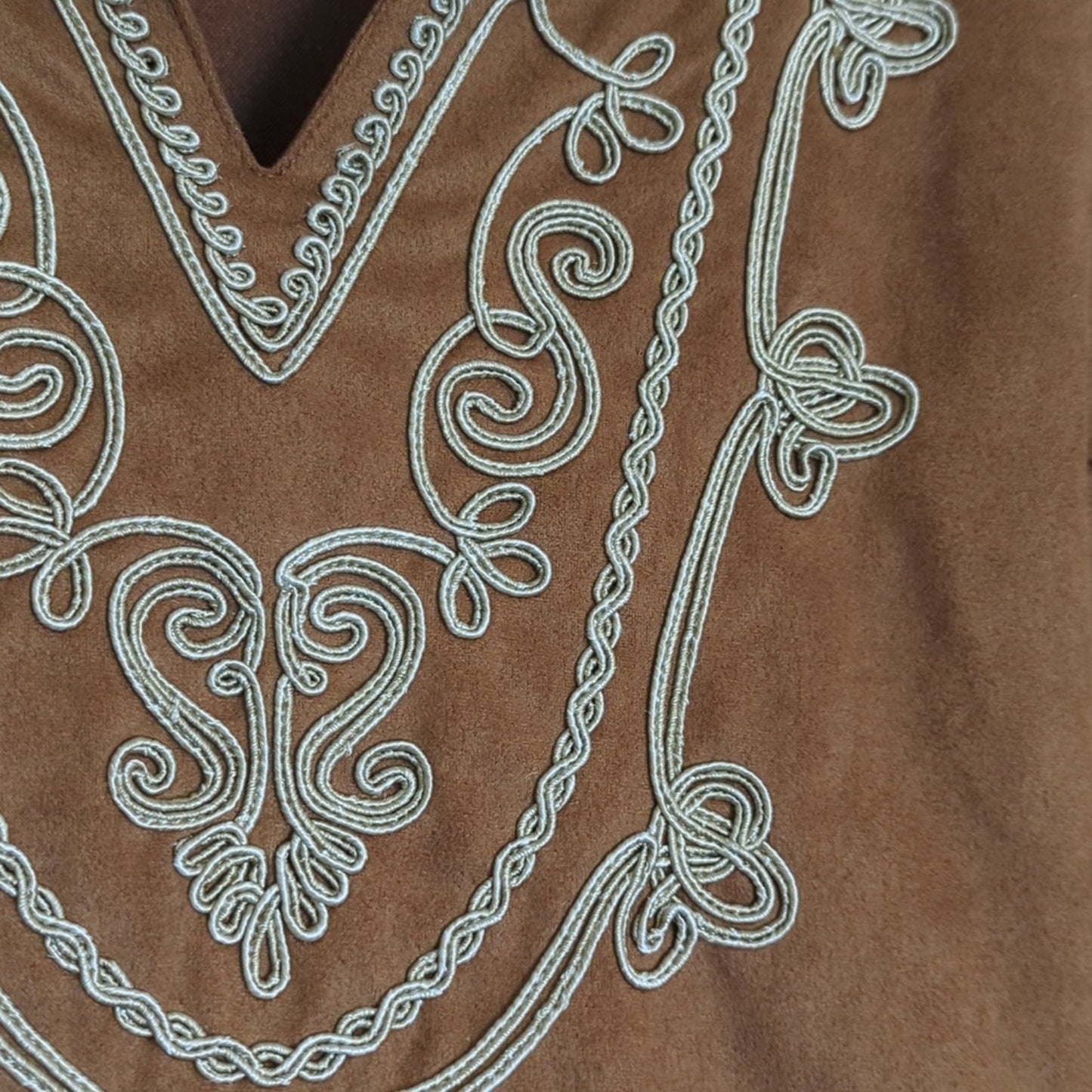 Flying Tomato Suede Caramel Brown Soutache Trim Embroidered Mini Dress Sz M