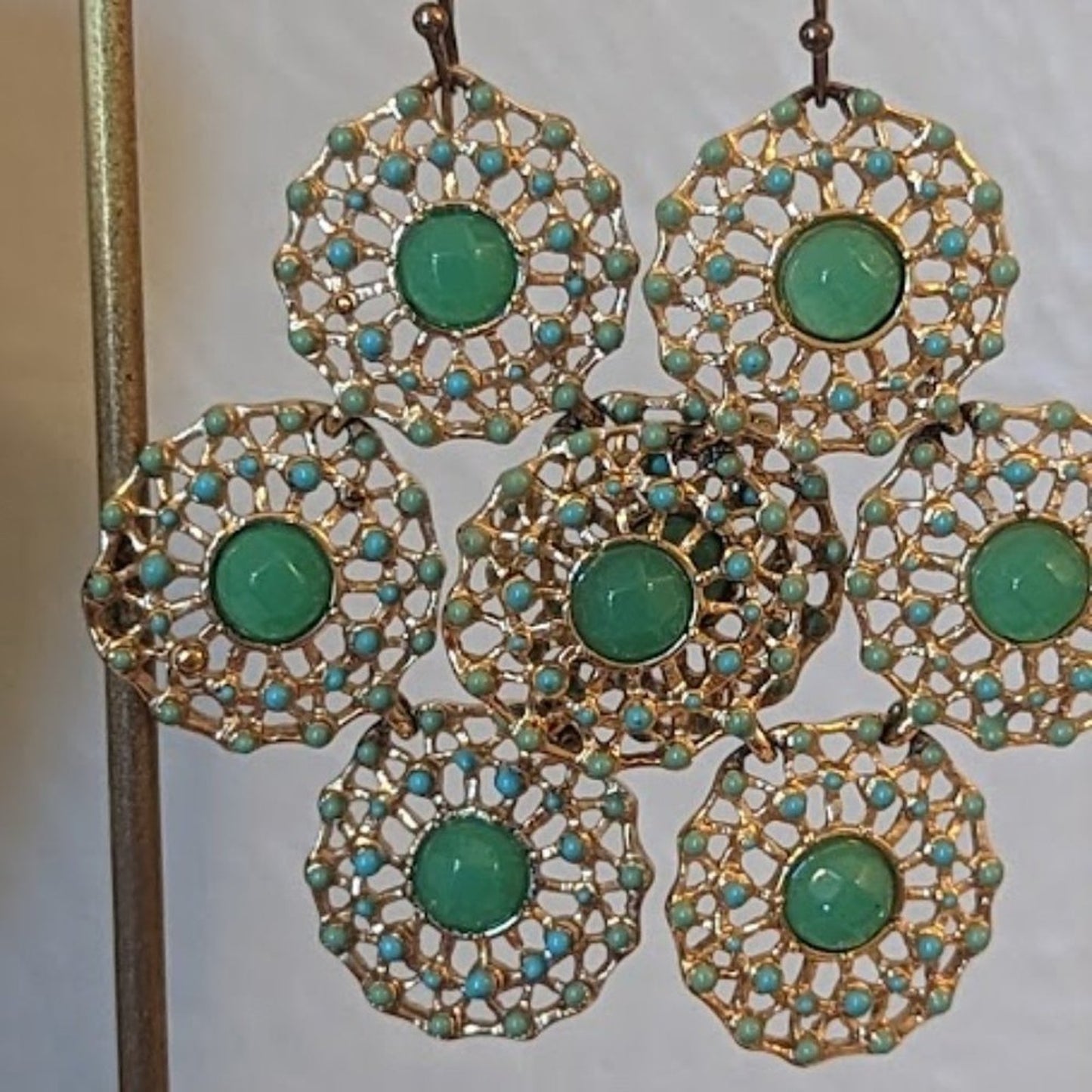 Green Bead, Enamel Dotted Filigree Boho Dangle Earrings on French Wires