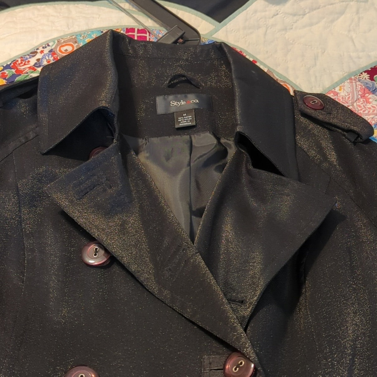 Style & Co. Black Shimmer Double Breasted Trench Coat Women's Size M