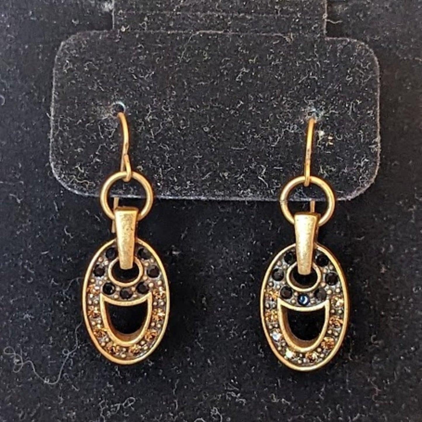 Black and Brown Rhinestones Set in Ovals of Brushed Antique Gold Earrings