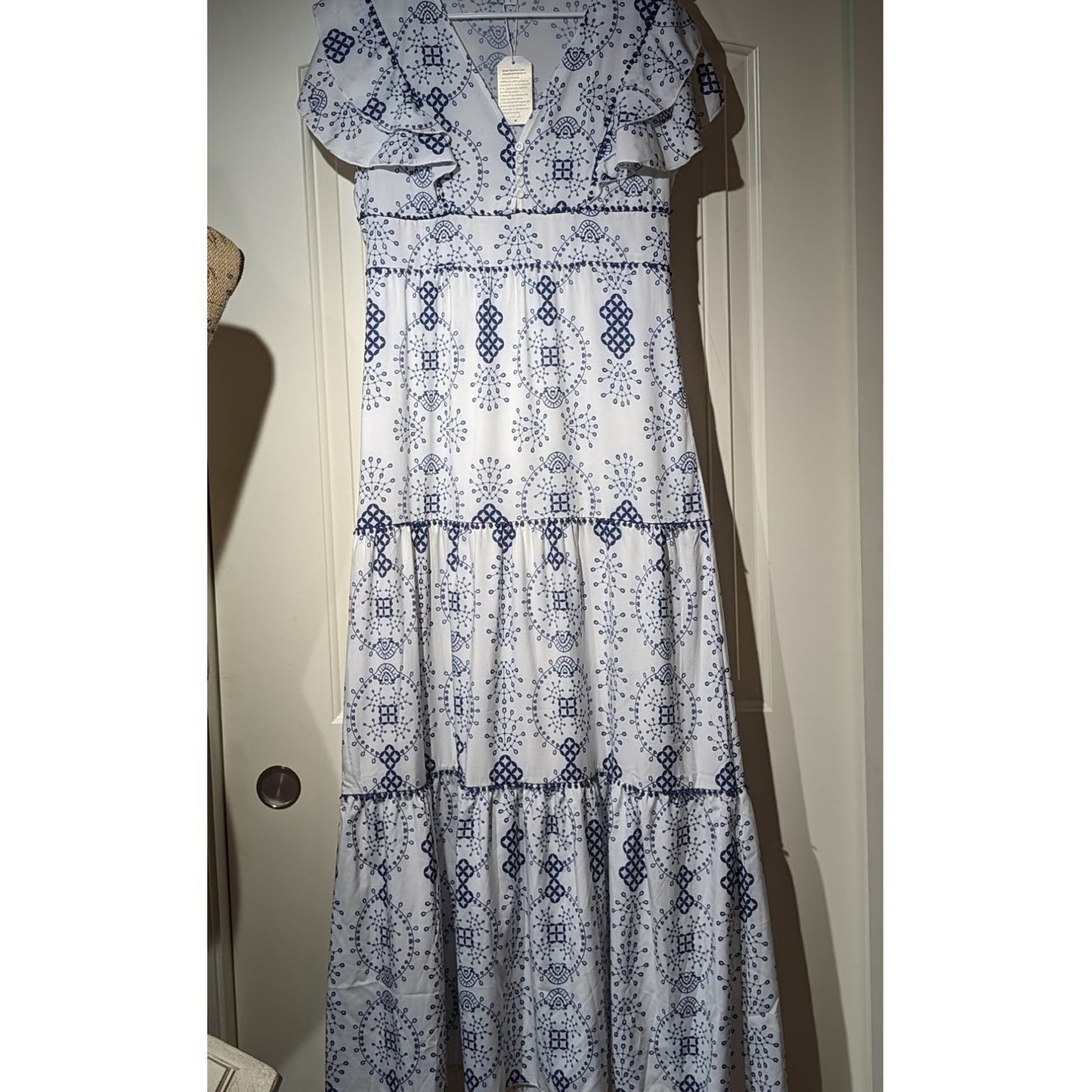 NWT Made with Love Navy/White Flutter Sleeve Tiered Maxi Dress Womens Sz L