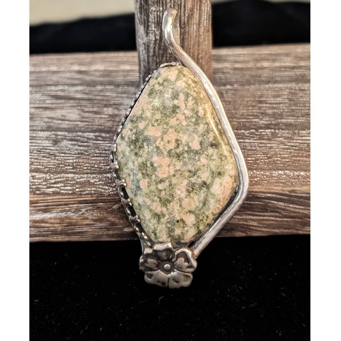 Thulite or Unakite Large Stone Pendant Set in Sterling 925 Marked 'Irene'
