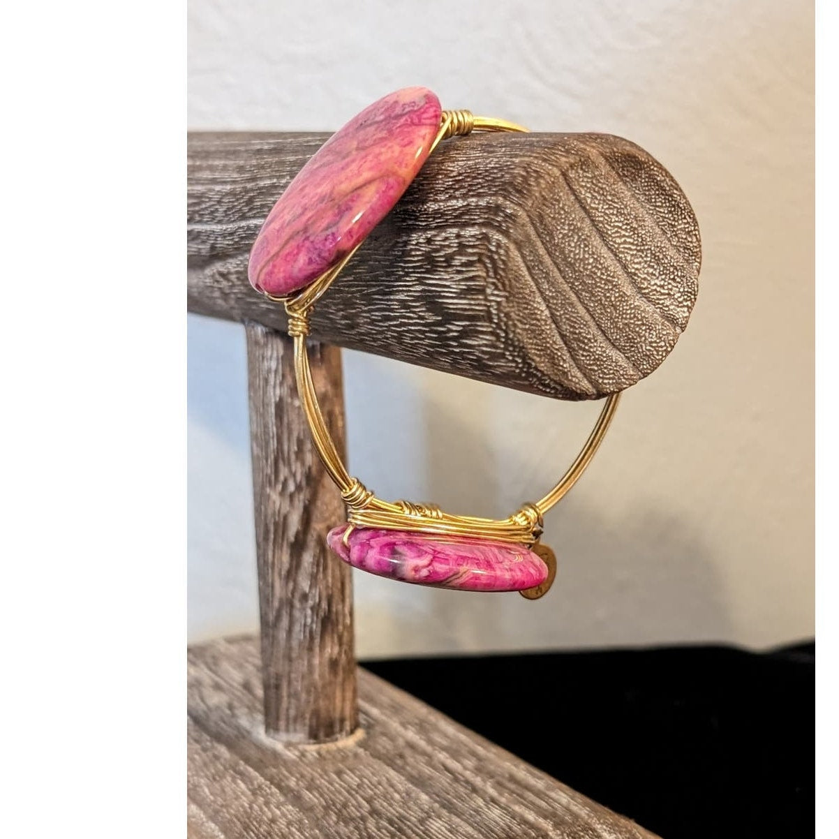 Bourbon & Bowties Three Oval Pink Stone Wire-Wrapped Bangle Bracelet