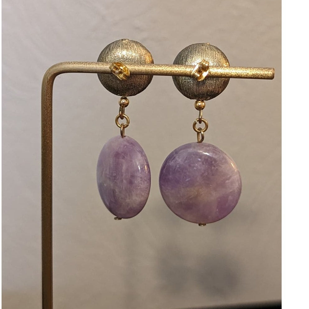 Lavender Purple Stone Dangle Gold Tone Post Earrings
