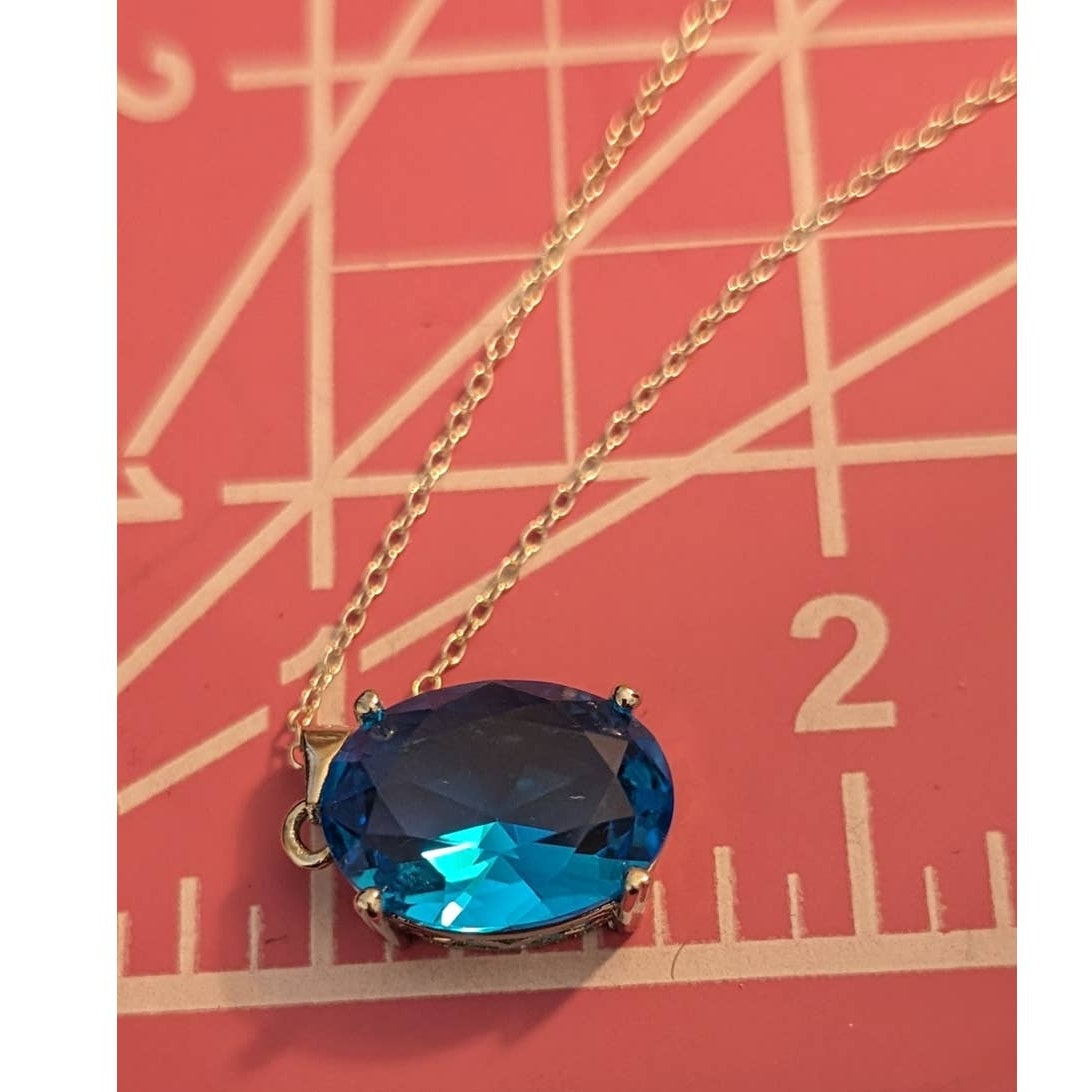 Large Simulated Swiss Blue Topaz Pendant on 925 Sterling 18" Chain