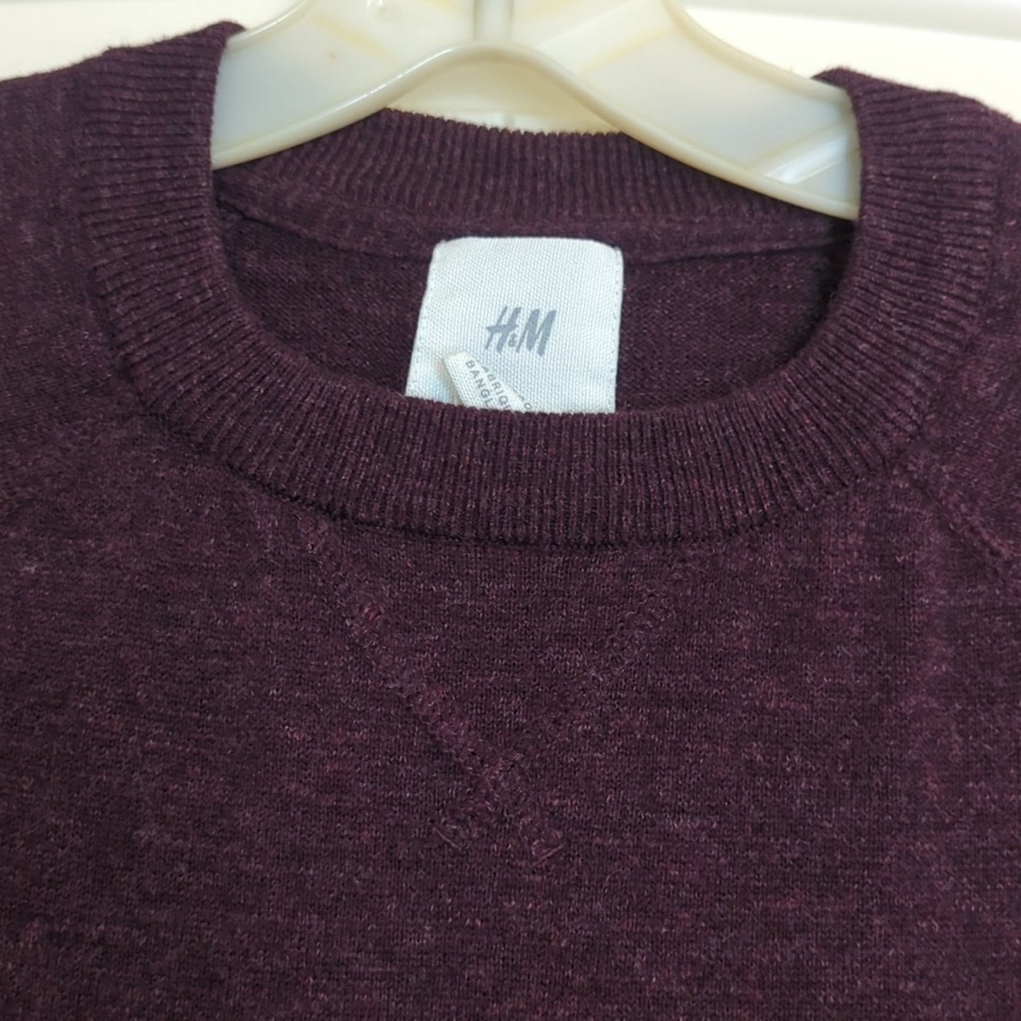 H & M Burgundy Heather V-Stitch Crewneck 100% Cotton Sweater Men's Size S