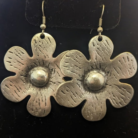 Large dangle pewter flower earrings