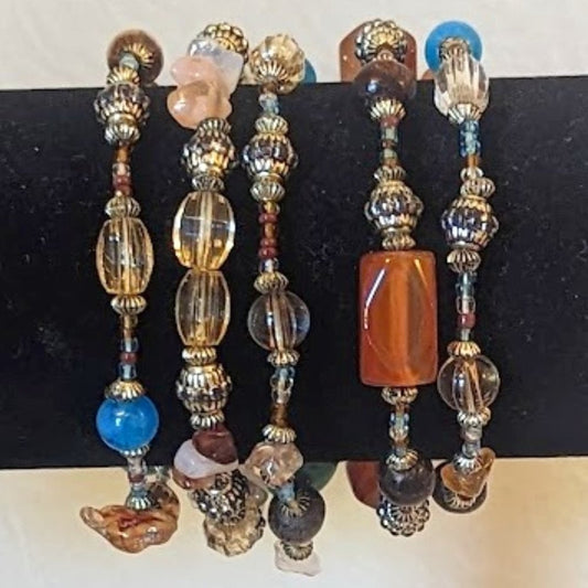 5 Stretch Bracelets of Stone, Glass and Various Beads