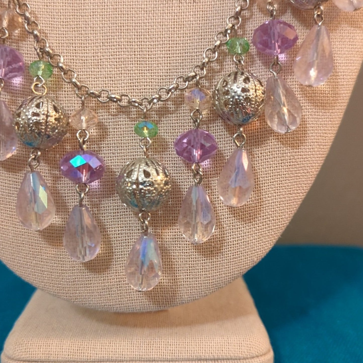 Lavender/Green Glass Crystal Bauble Silver Tone Filigree Ball Necklace