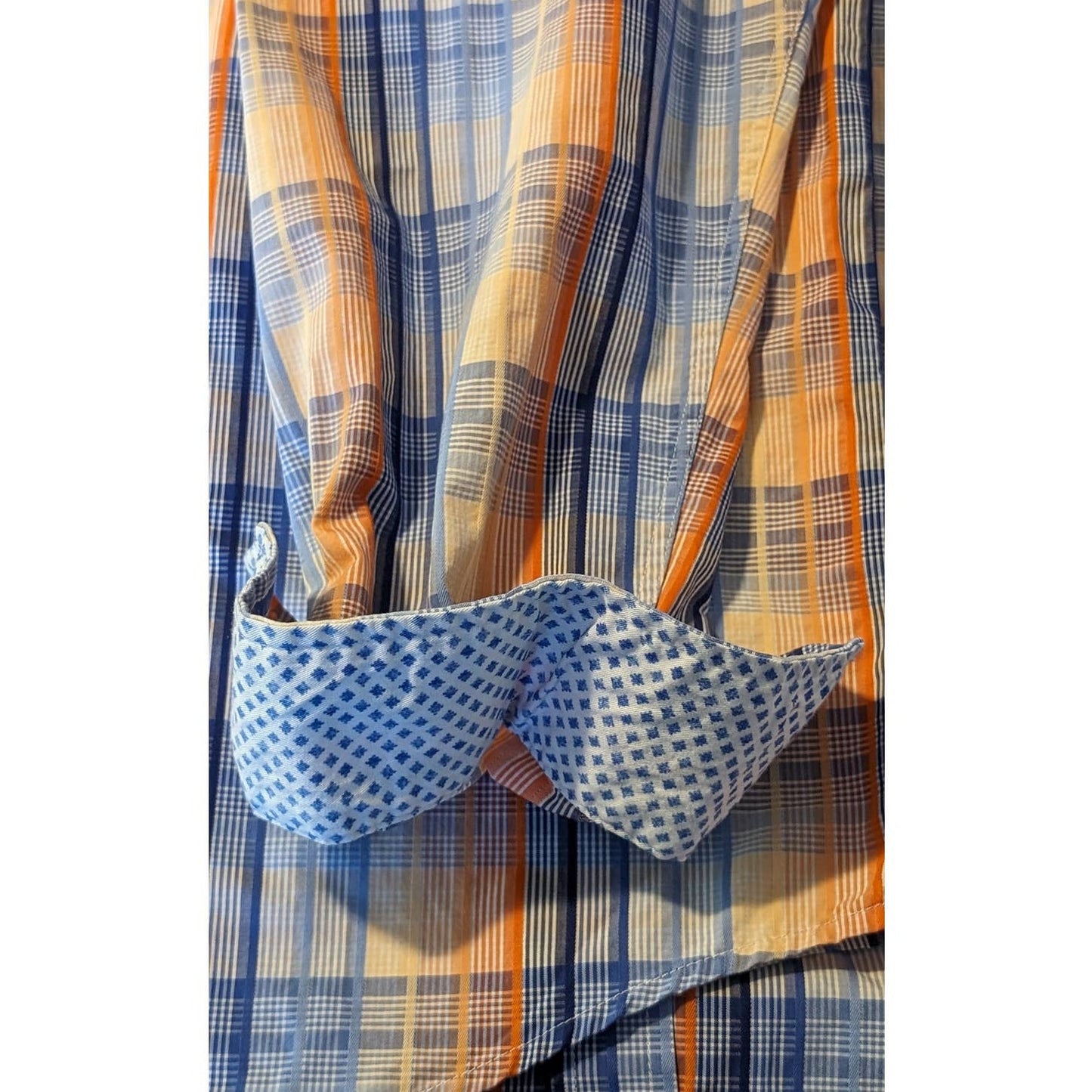 Tasso Elba Blue & Orange Plaid Button Up 100% Cotton Dress Shirt Mens Sz XL