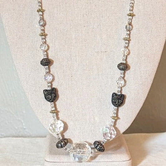 Quirky Crystal Kitty Beaded Silver Tone Necklace