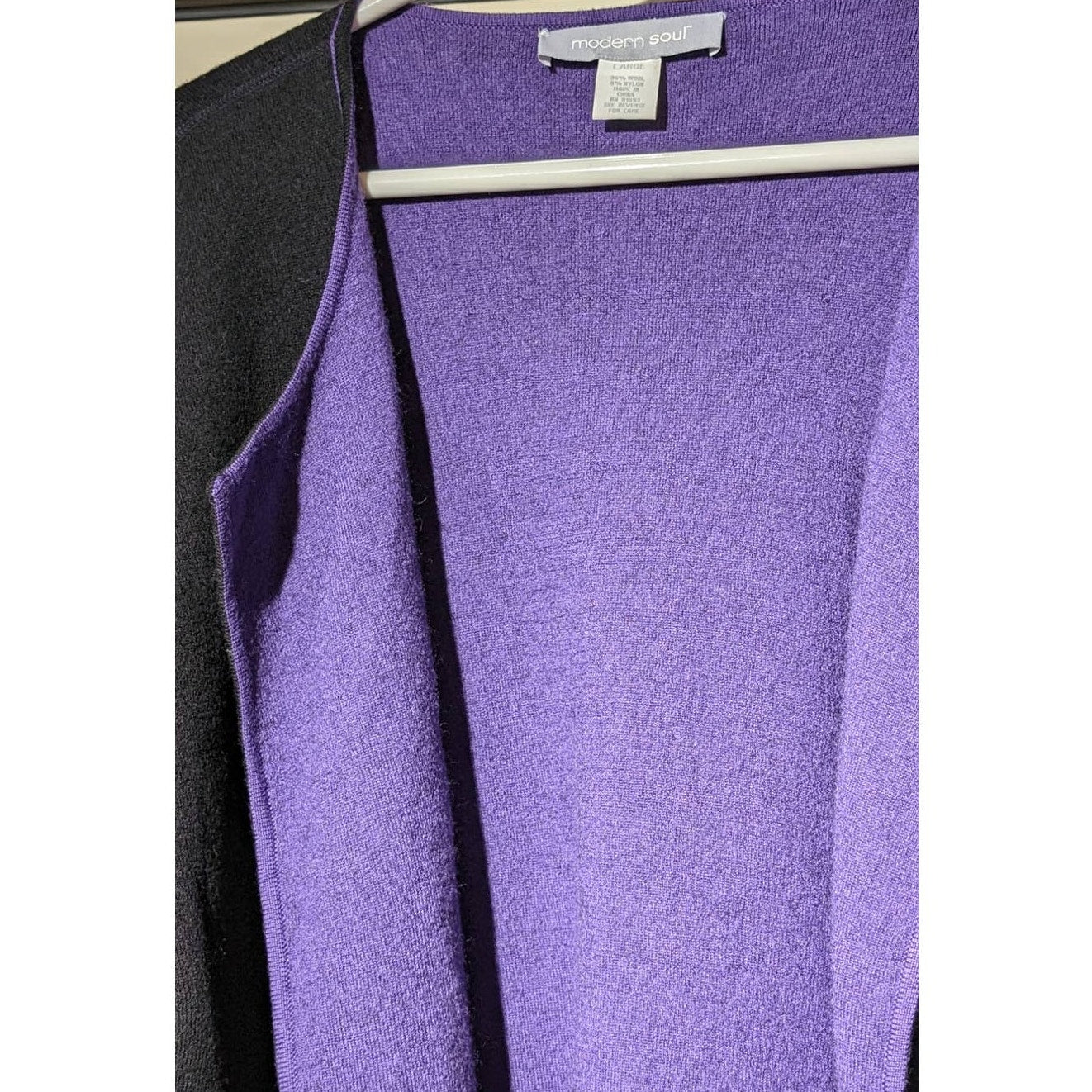 Modern Soul Open Front Black Wool Blend Cardigan w/ Purple Trim Size L