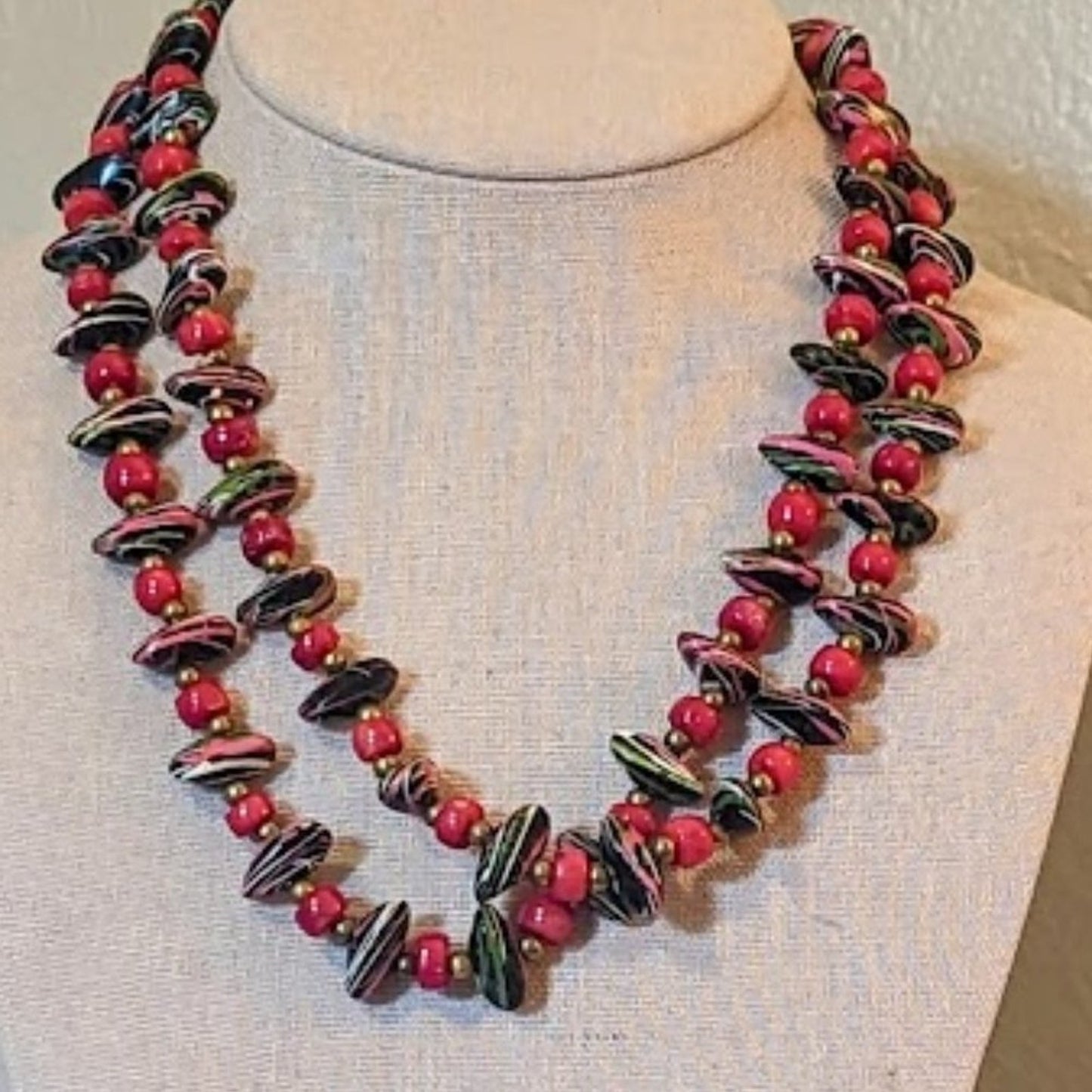 Vintage Hand-Painted & Red Glass Bead Necklace