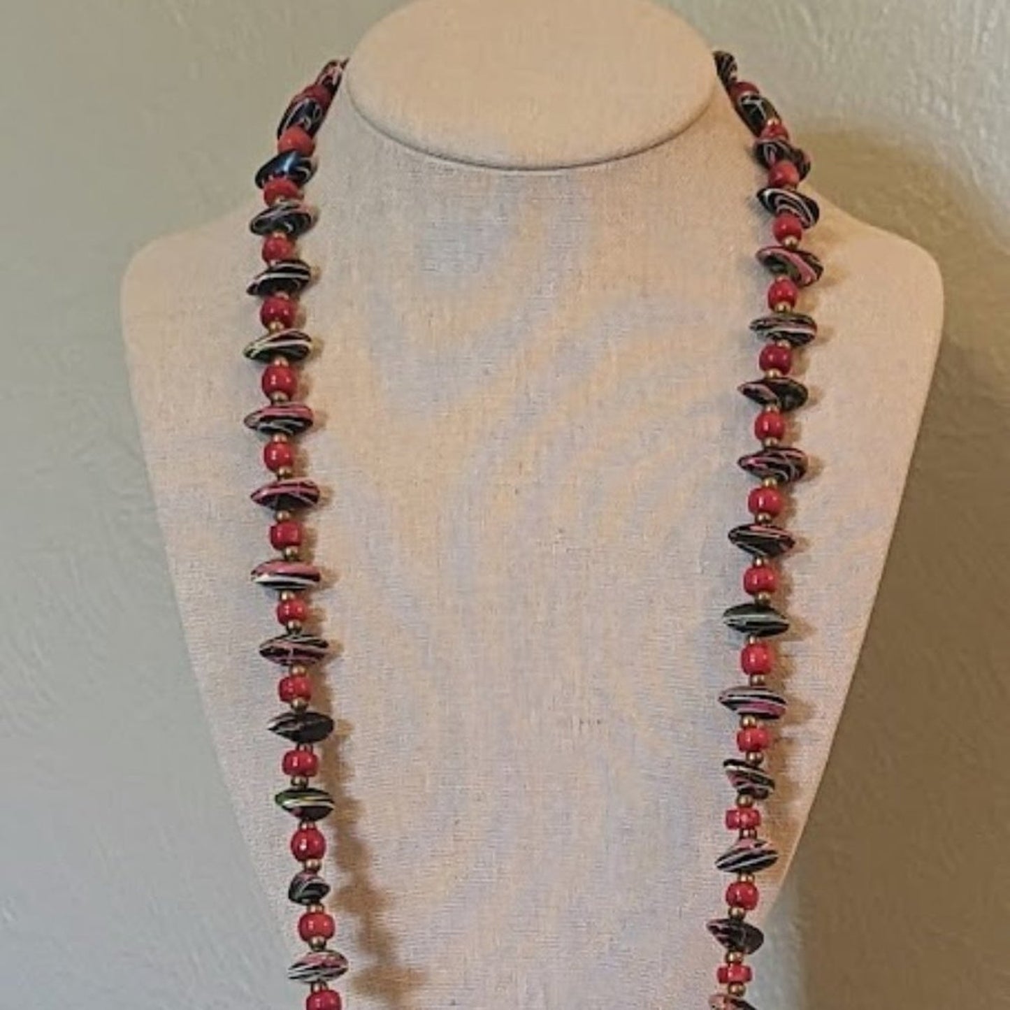 Vintage Hand-Painted & Red Glass Bead Necklace