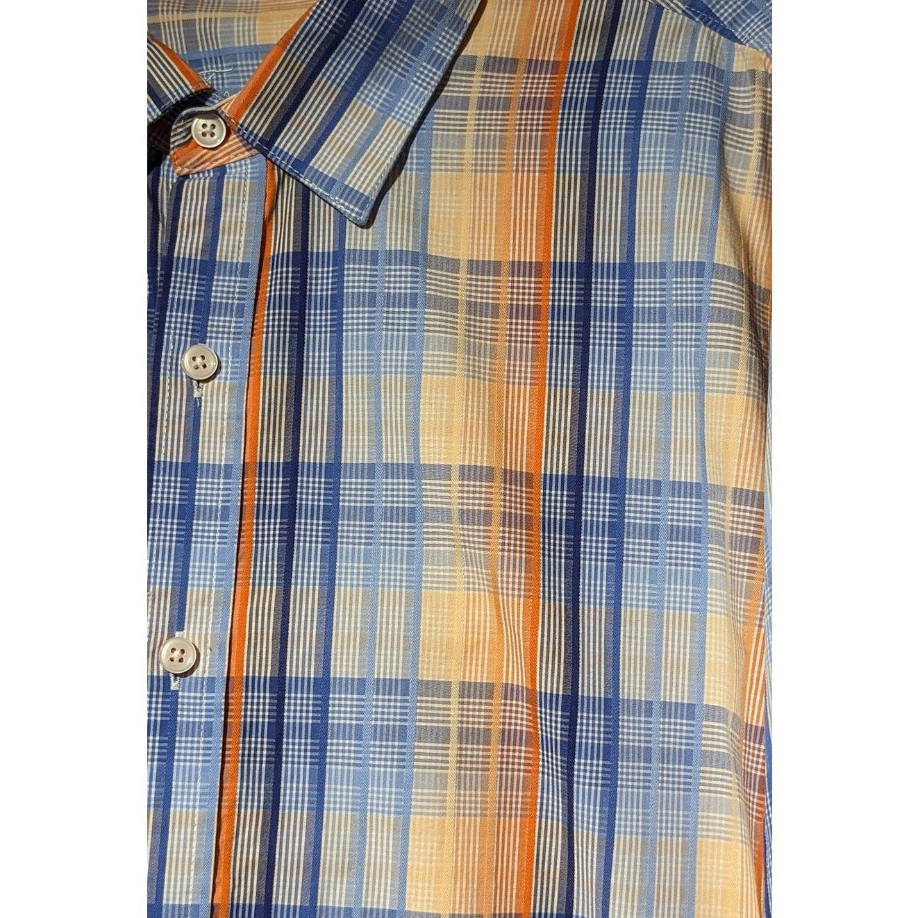 Tasso Elba Blue & Orange Plaid Button Up 100% Cotton Dress Shirt Mens Sz XL