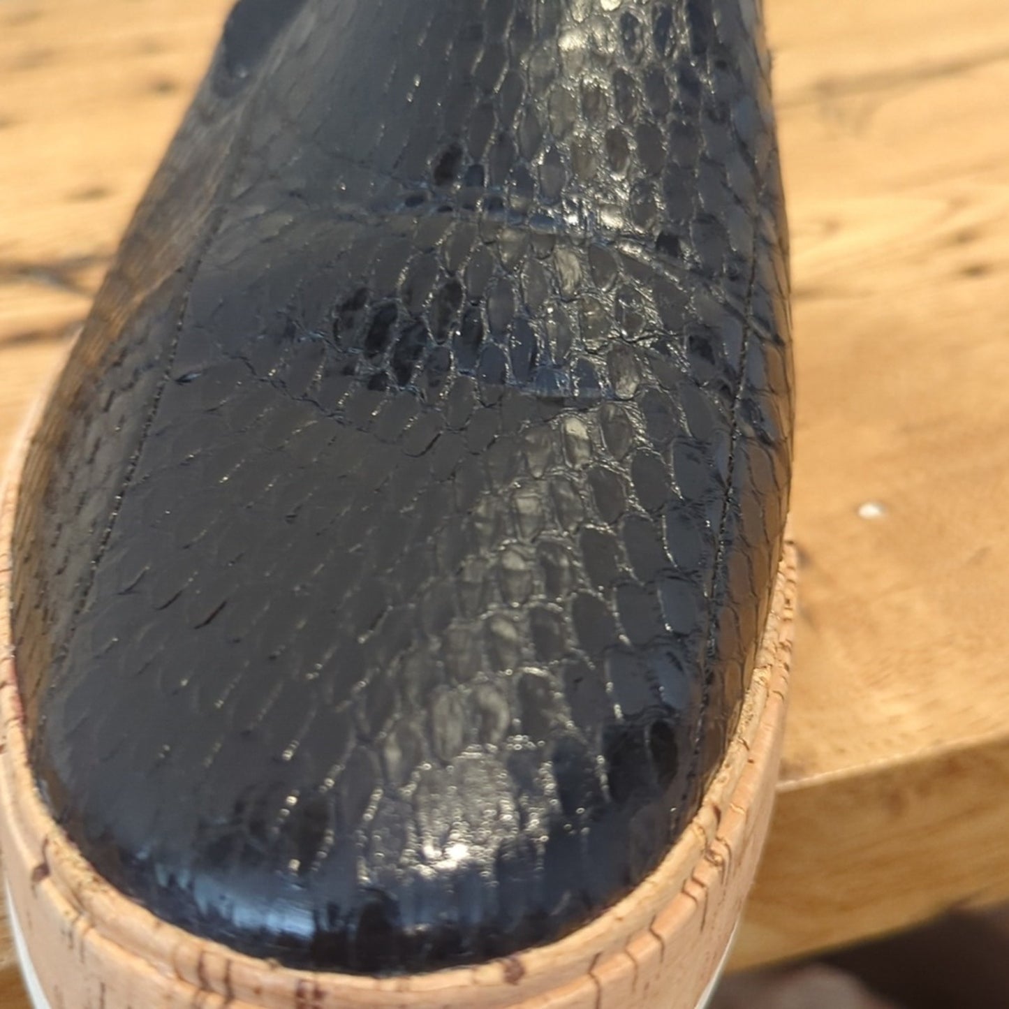 Franco Sarto Daine 2 Slip On Cork Heel Black Snake Leather Sneaker Women Sz. 8.5