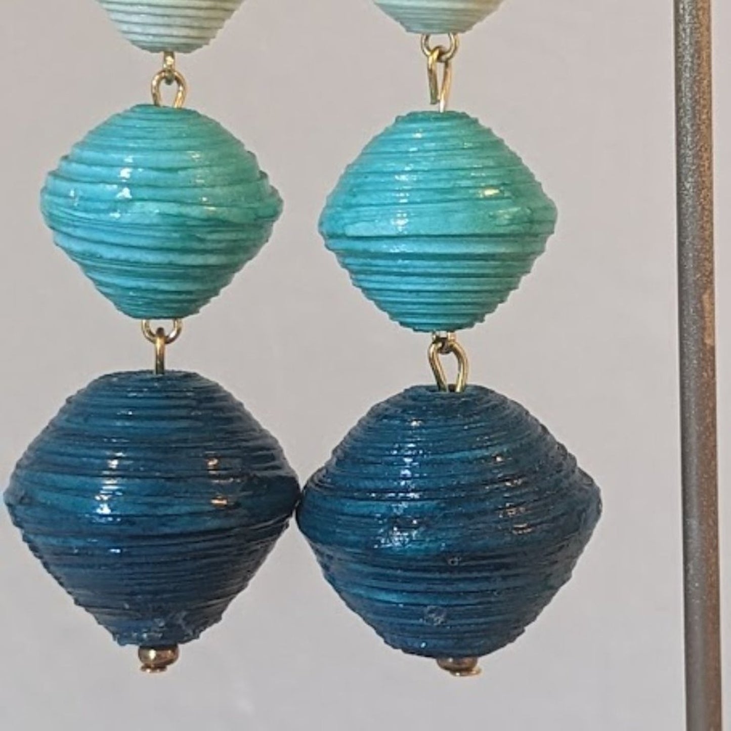 Handcrafted Colors of Teal Paper Bead Dangle Earrings Made in Uganda