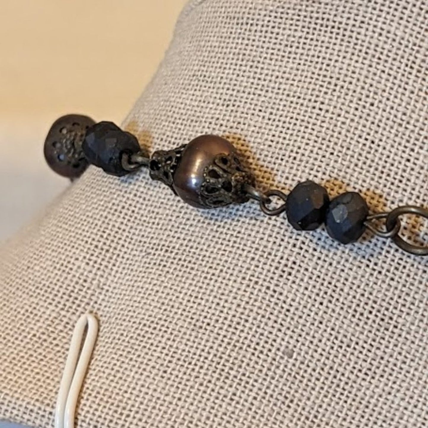Vintage Bezel Set Smoky Blue Crystal Pendant on Beaded Chain Necklace