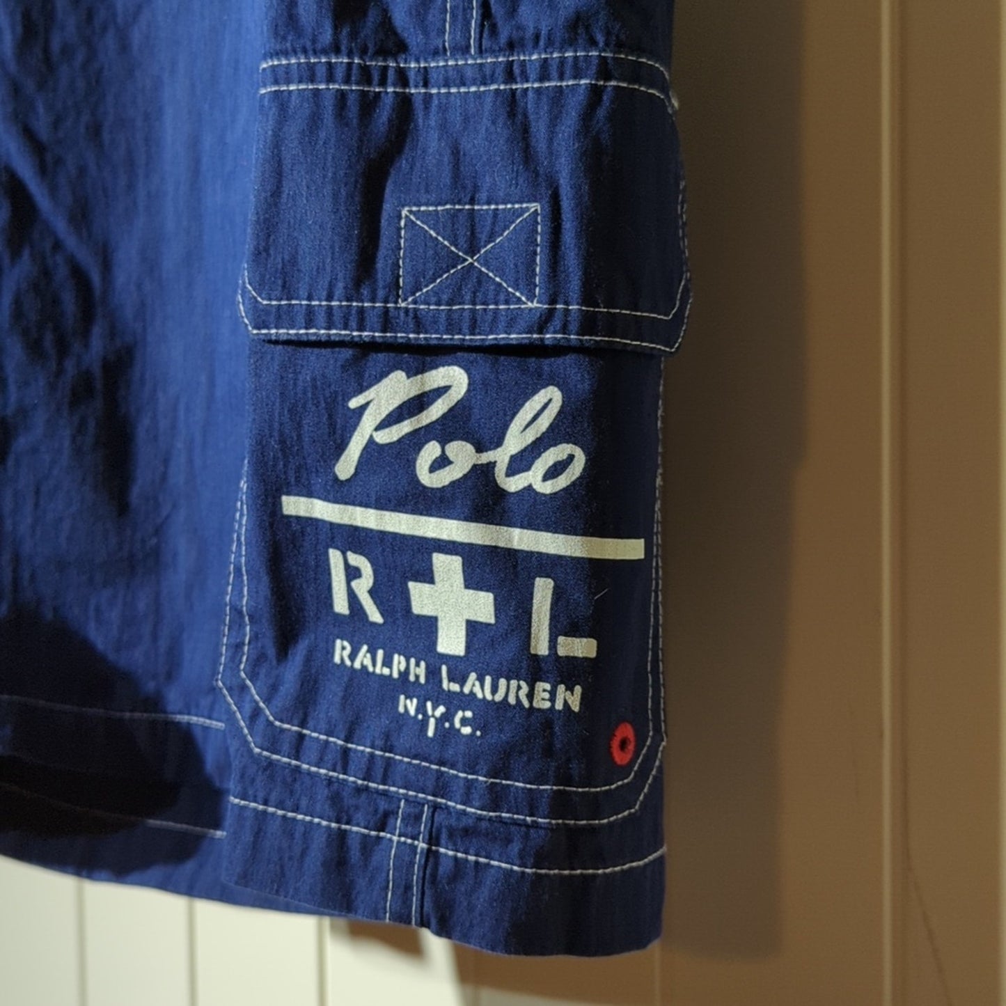Polo Ralph Lauren Navy White Stripe Velcro Front Logo Pocket Swim Trunks Sz 34