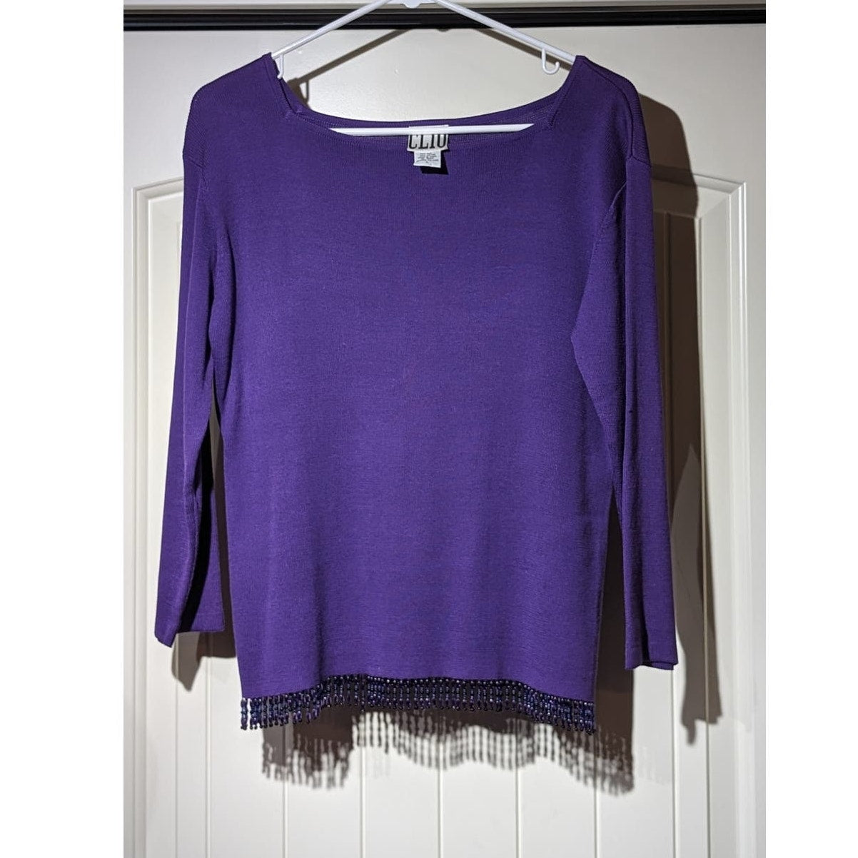 Vintage Clio Purple Silk Blend 3/4 Sleeve Beaded Fringe Sweater Womens Sz L