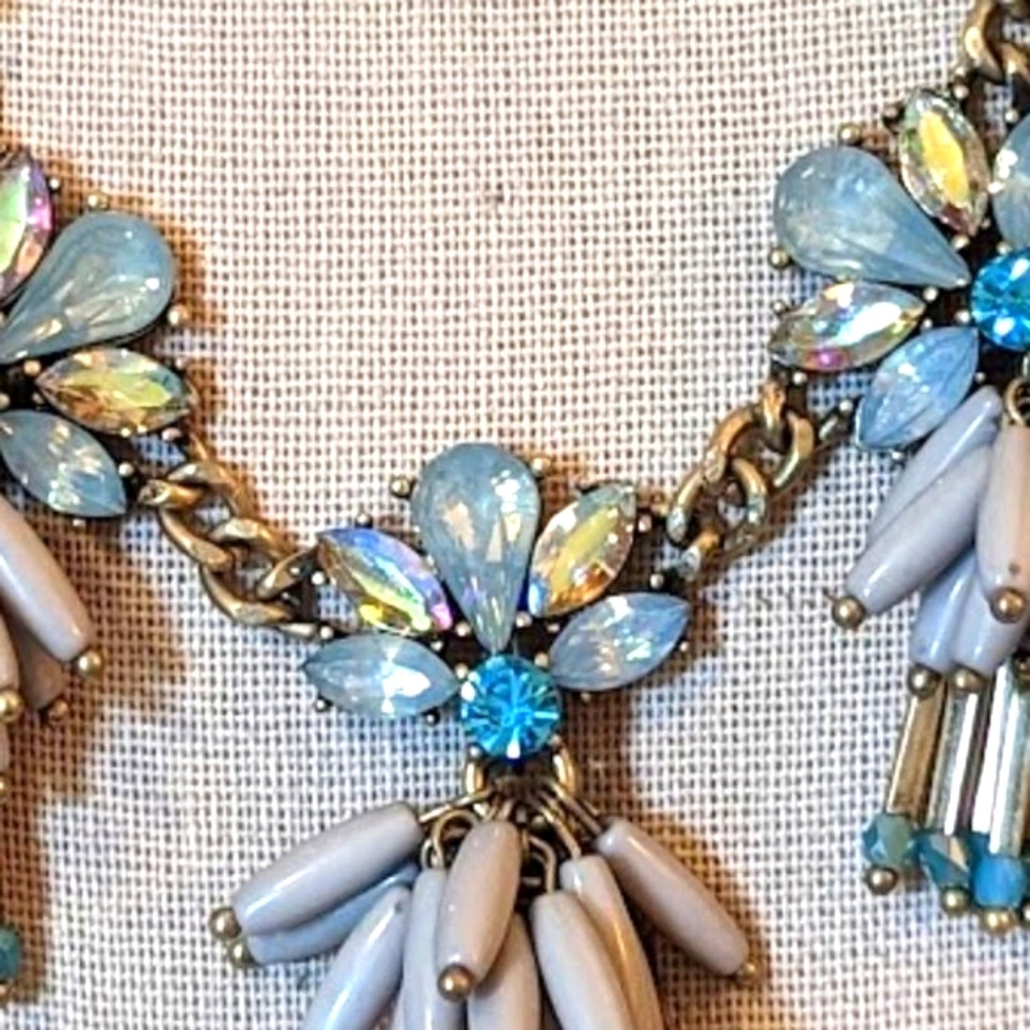 Shades of Blue Crystal Fringe Beaded Antique Gold Statement Necklace