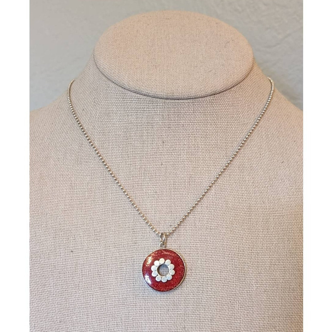 Bezel Set Oval Red Coral Pendant on Italian 925 Sterling Bead Ball 16" Chain