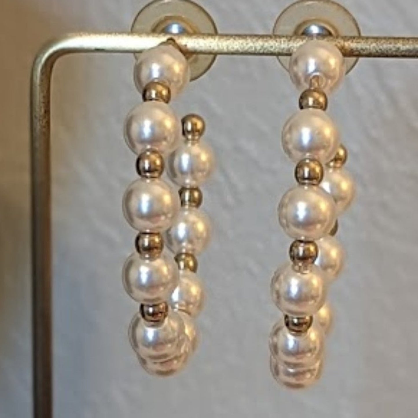 Pearl and Gold Tone Bead Hoop Earrings