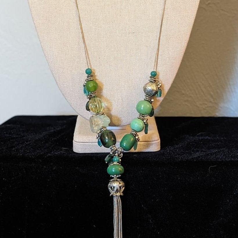 Green Multi-Shape and Color Beaded Silver Tone Tassel Necklace