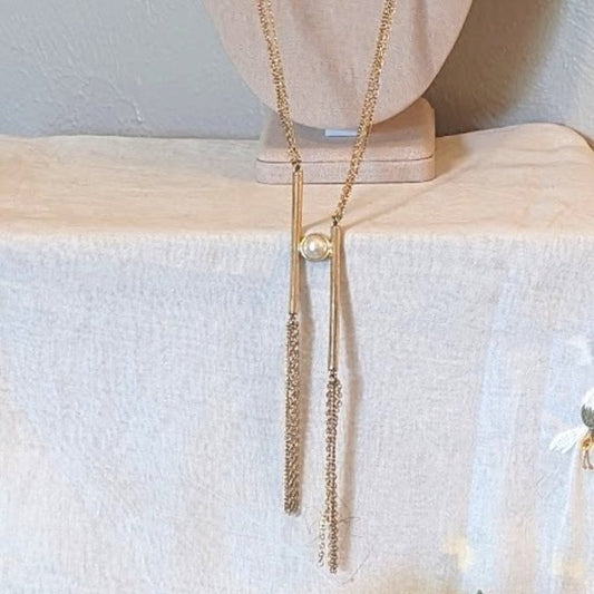 Panacea Gold Tone Bar and Faux Pearl Long Necklace