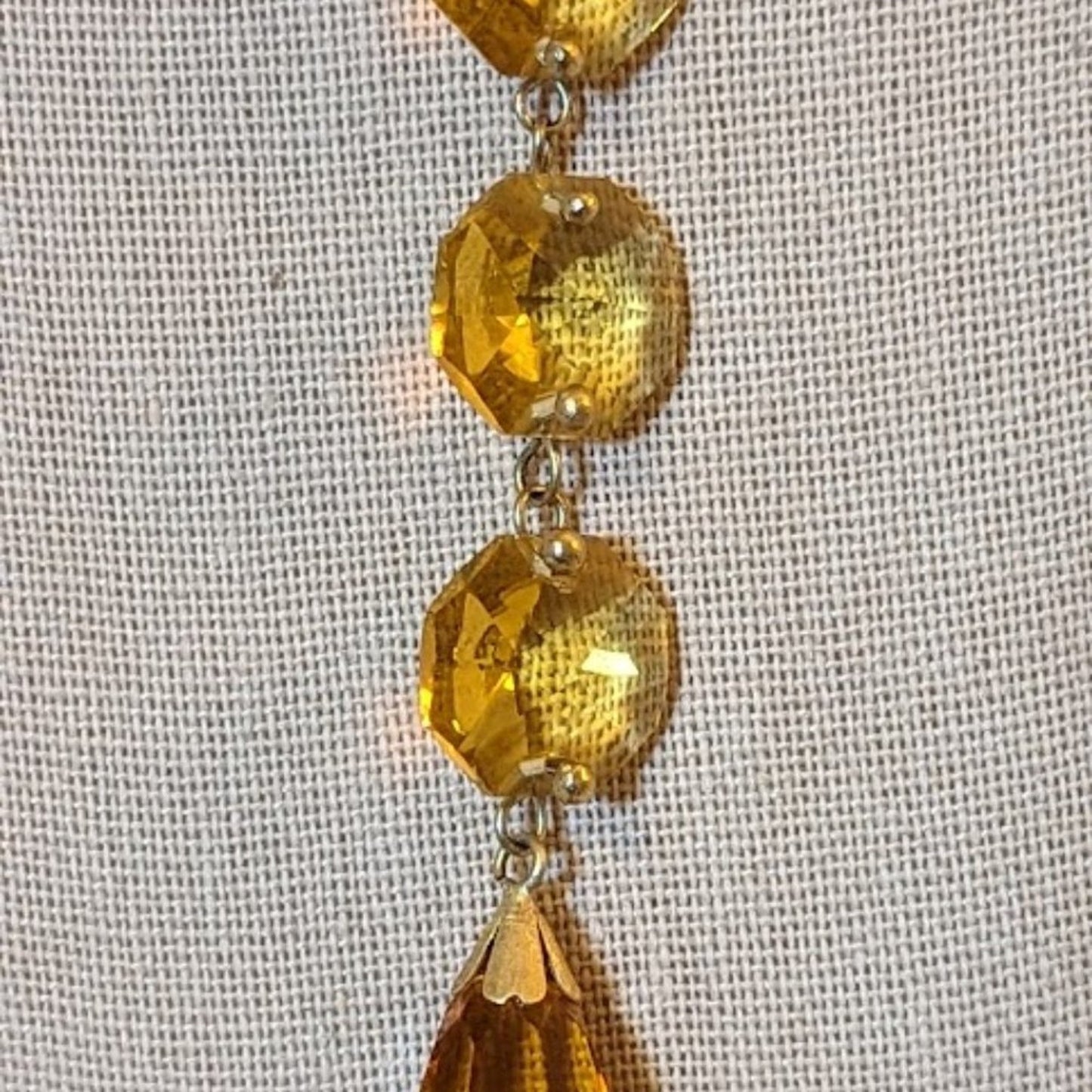 Lauffer Gold Tone Amber Color Crystal Bead Necklace with Faceted Teardrop Dangle