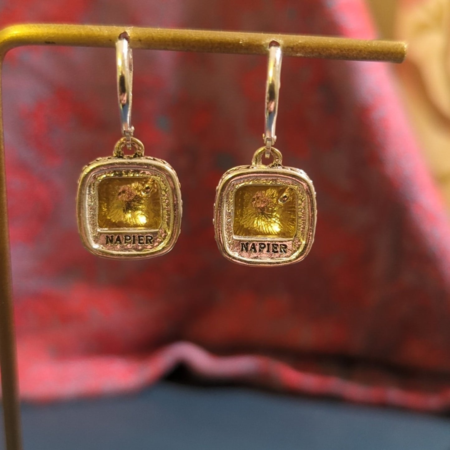 Napier Signed Two Tone Square Domed Side Etched Lever Back Earrings