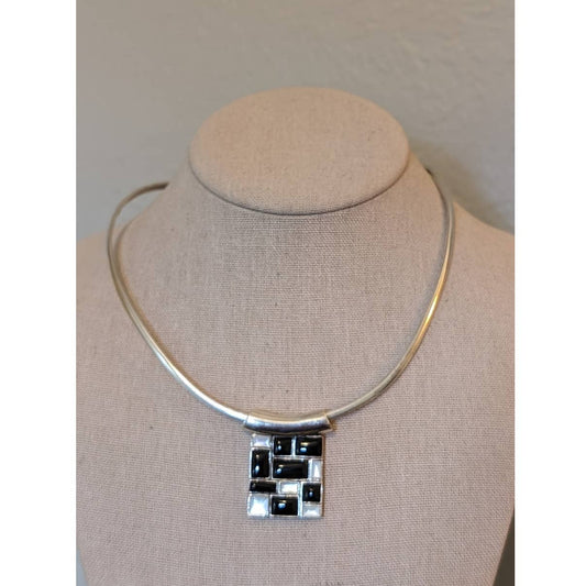 Mexican 925 Sterling Silver Collar W/ Onyx/Mother of Pearl Inlay Slide Enhancer