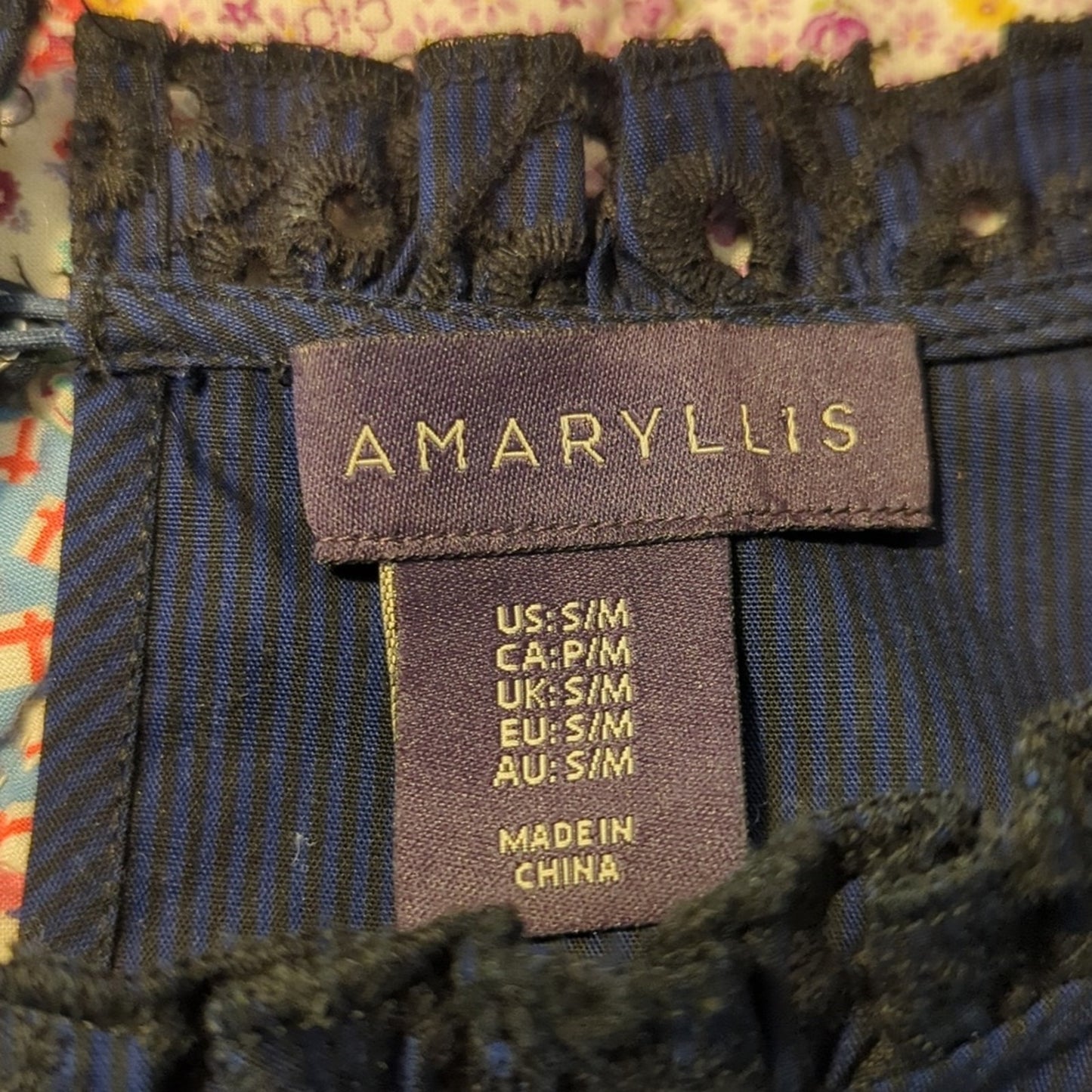 Amaryllis Navy/Black Striped Eyelet Ruffle Bell Sleeve Blouse Women's Sz S/M