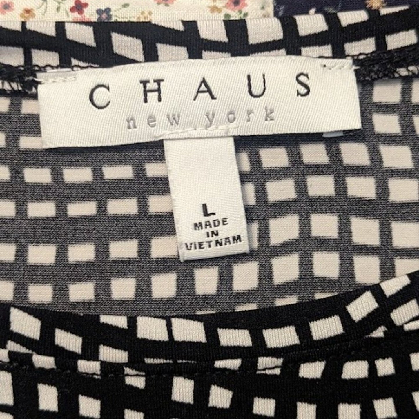 Chaus New York Women Sz L Black & White Check Asymmetrical Hem Collar Zip Tunic
