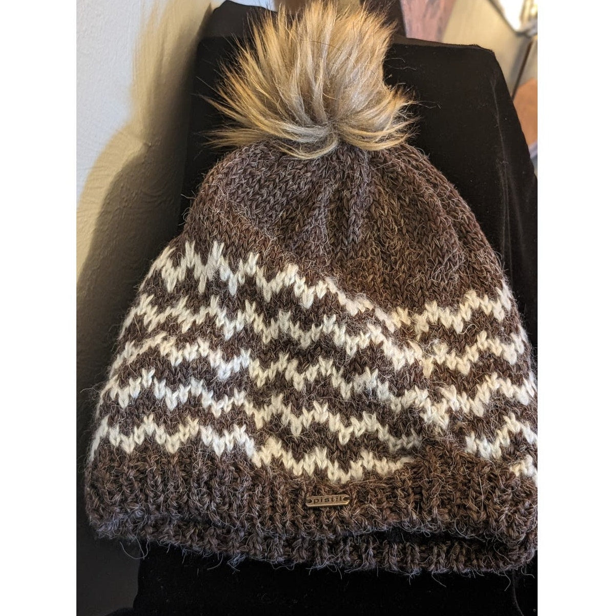Pistil Brown/Cream ZigZag Print Knit Faux Fur Pom Pom Beanie
