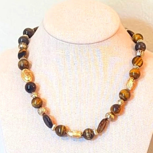 Tiger's Eye and Gold Toned Beaded Necklace