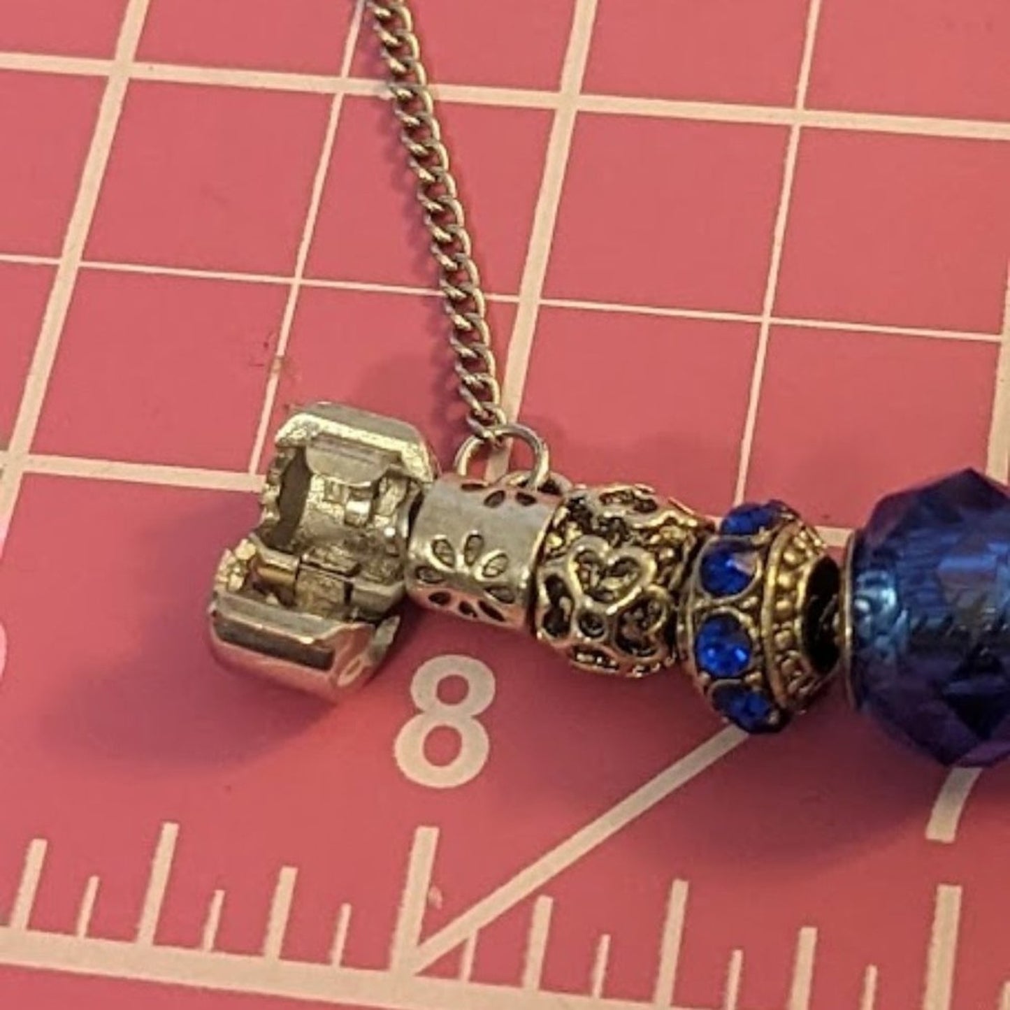 Charm Bracelet With Blue Crystal Beads in Silver Tone Metal with Safety Chain