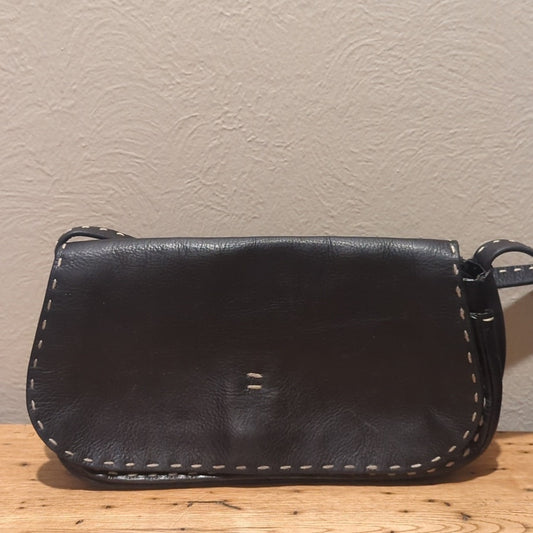 Adrienne Vittadini Crossbody Black Pebbled Topstitch Small Leather Handbag