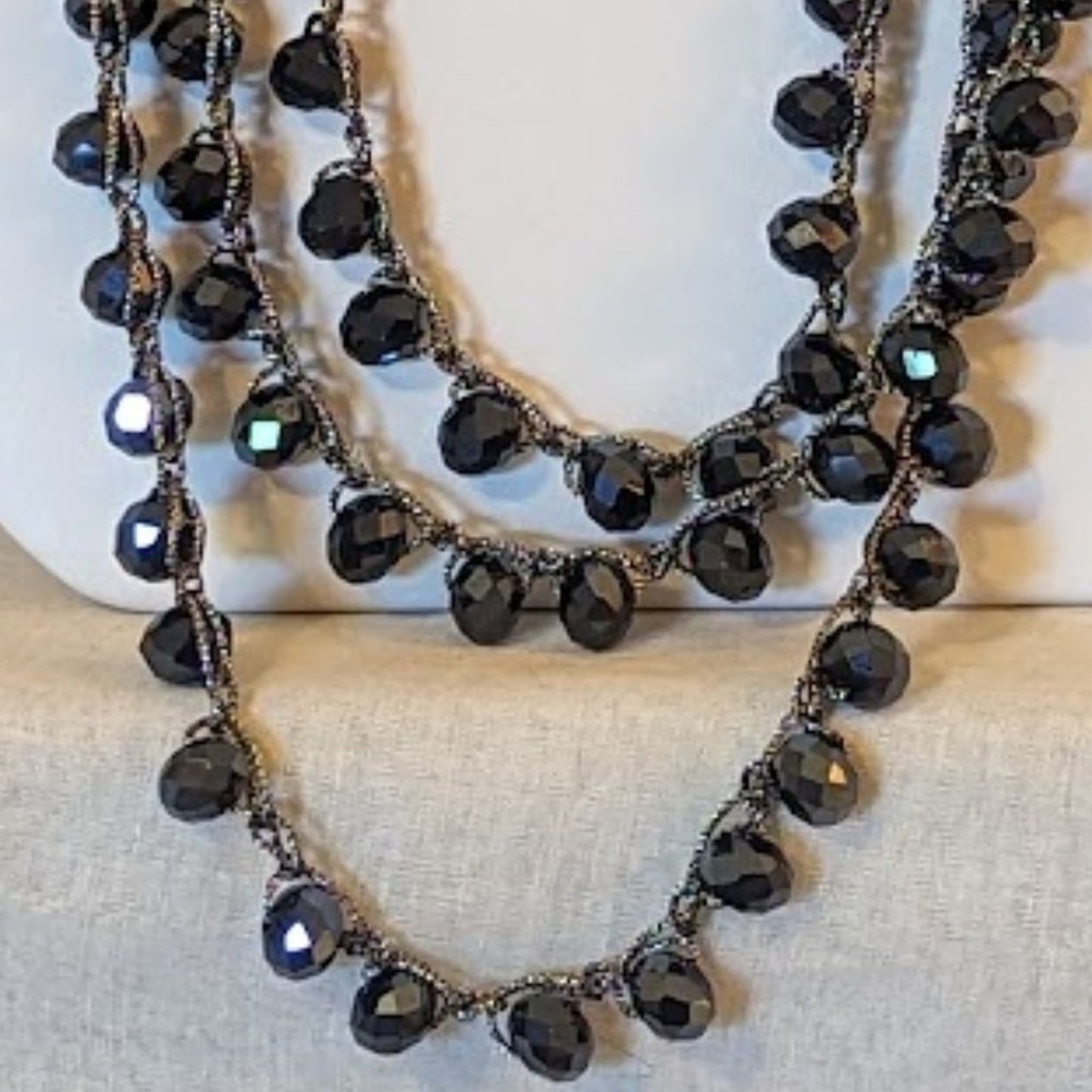 Black or Navy AB Coated Glass Crystal Faceted Beads Woven on a Metallic Chain