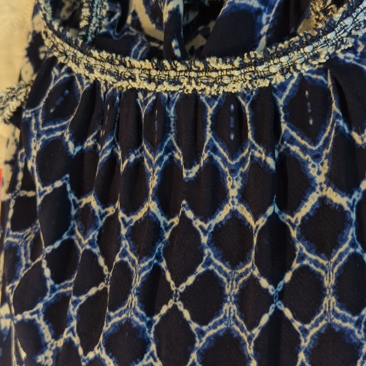 BB Dakota Blue Tie Dye Look Boho Top W/ Fringe Detailing and Tassel Ties Sz M