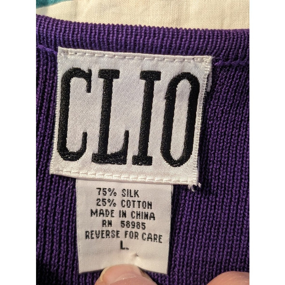 Vintage Clio Purple Silk Blend 3/4 Sleeve Beaded Fringe Sweater Womens Sz L