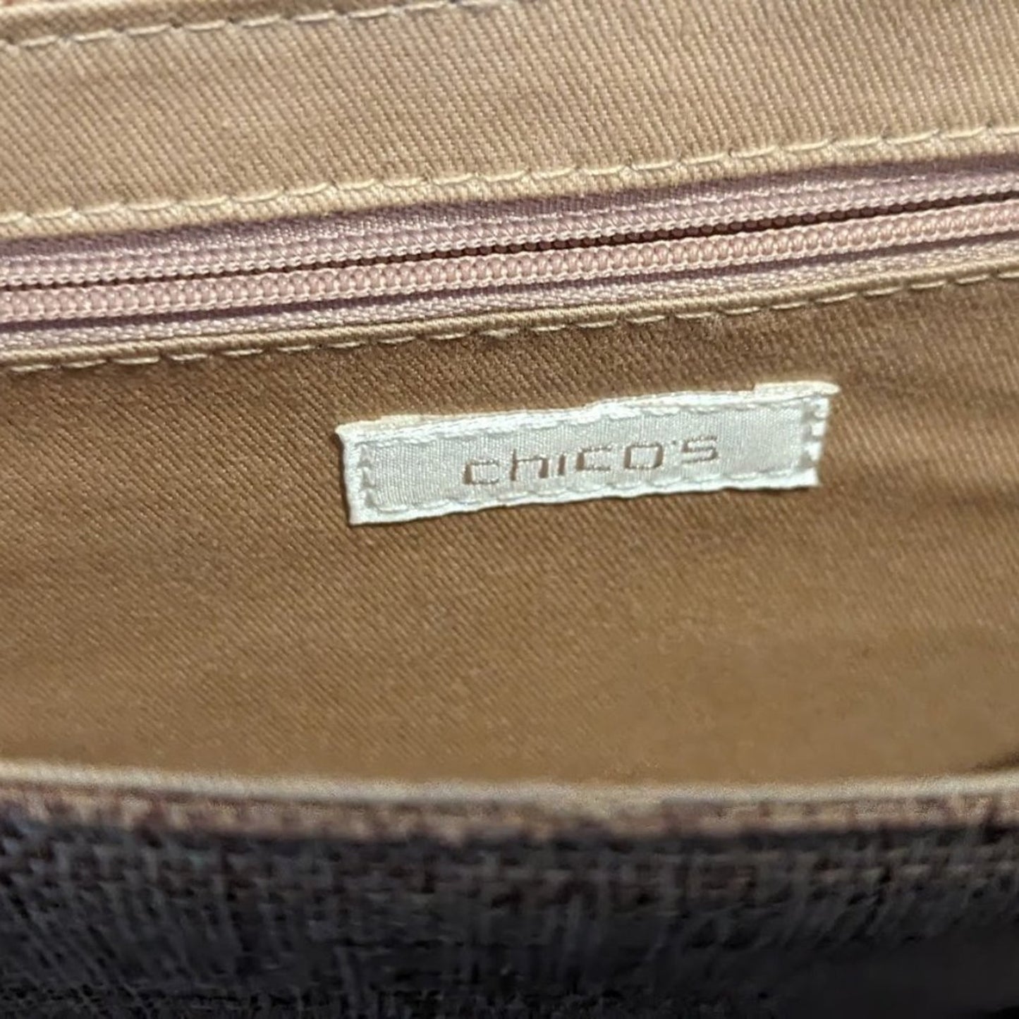 Chico's Woven Beaded Animal Print Envelope Clutch Tan