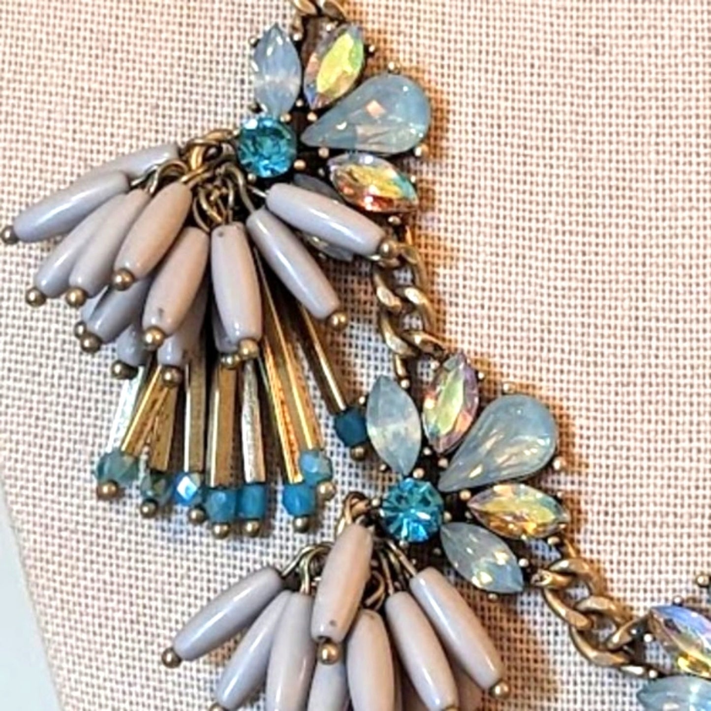 Shades of Blue Crystal Fringe Beaded Antique Gold Statement Necklace
