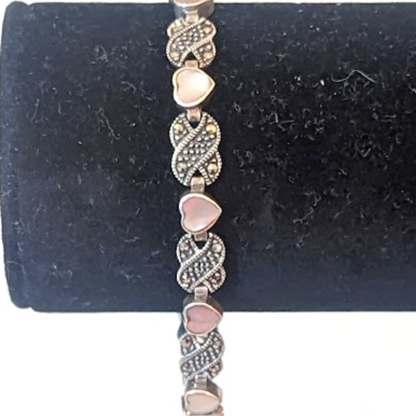 Vtg 925 Sterling Silver MOP Marcasite Fold Over Clasp Heart Link Bracelet 15.1g