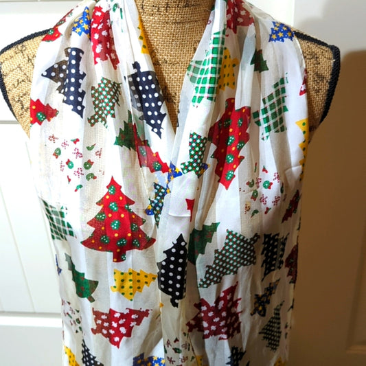 Christmas Holiday Patchwork Tree Design White 52" Long 10" Wide Rectangle Scarf
