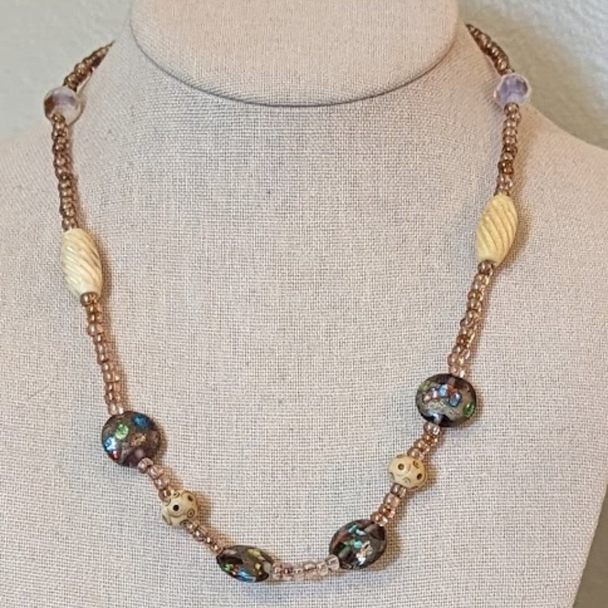 Vtg Murano Glass & Carved Beads With a Hook Clasp 18" Necklace