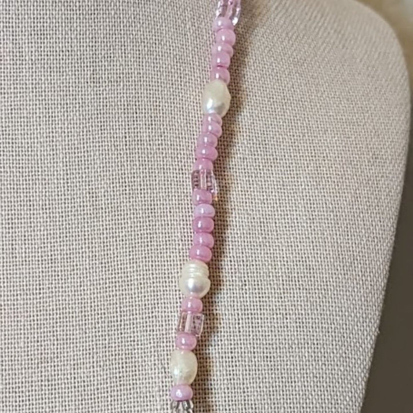 Pink Quartz, Potato Pearls, and Glass Bead Tassel Necklace