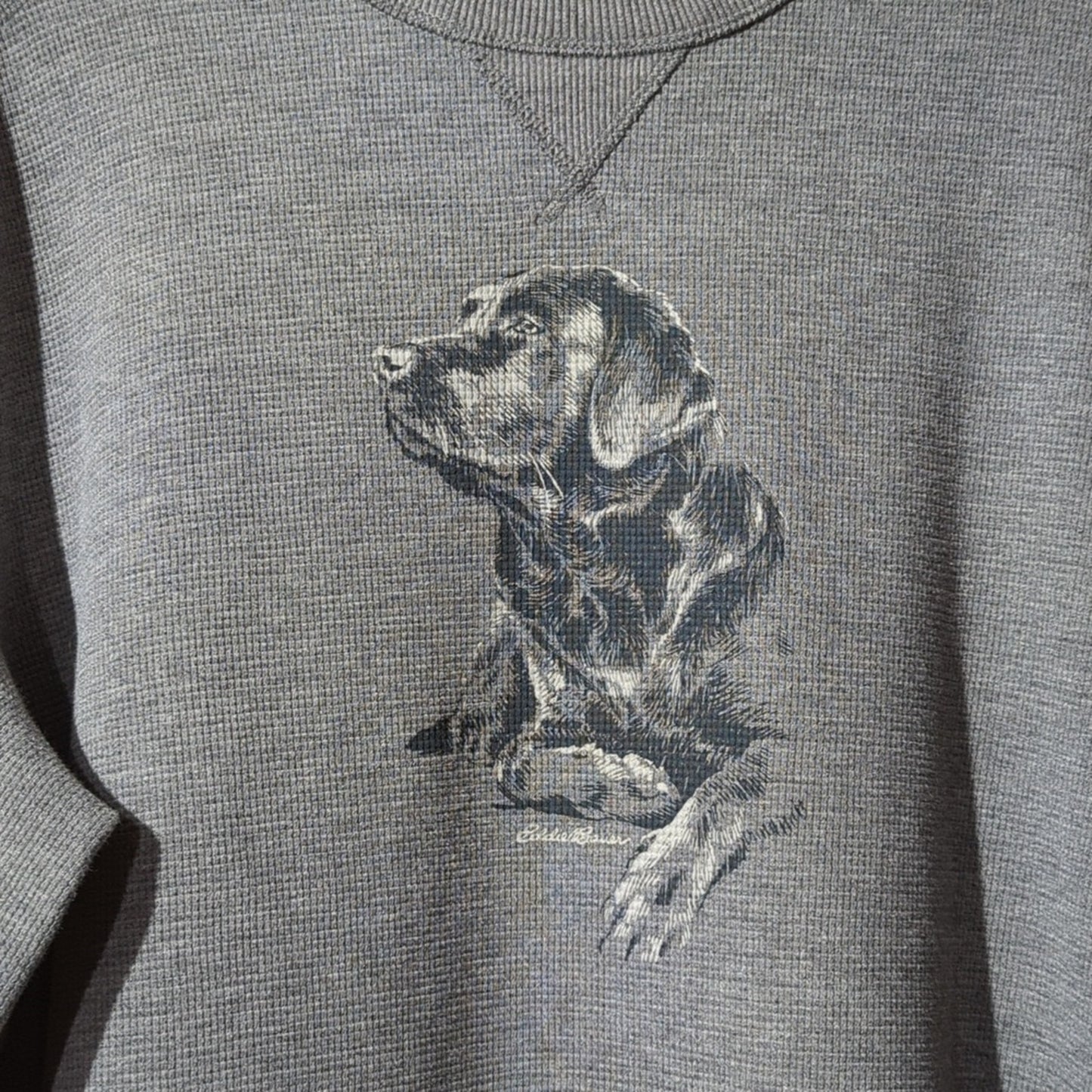 Eddie Bauer Gray Dog Head Image Waffle Knit Thermal Long Sleeve Tee Men's Sz TXL
