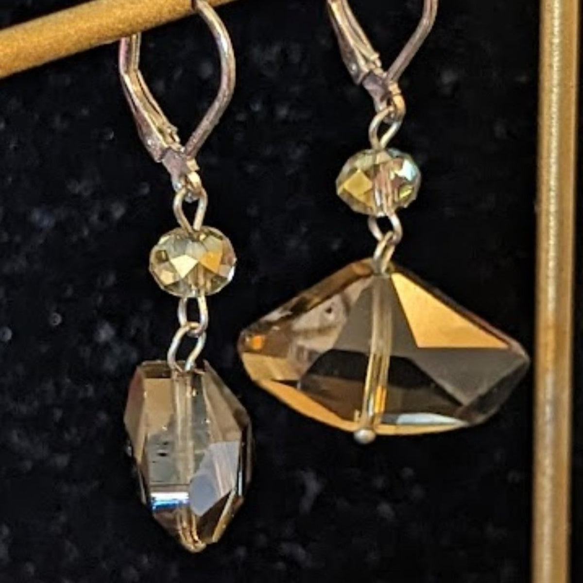 Smoky Cut Glass and Crystal Lever Back Earrings Silver Tone