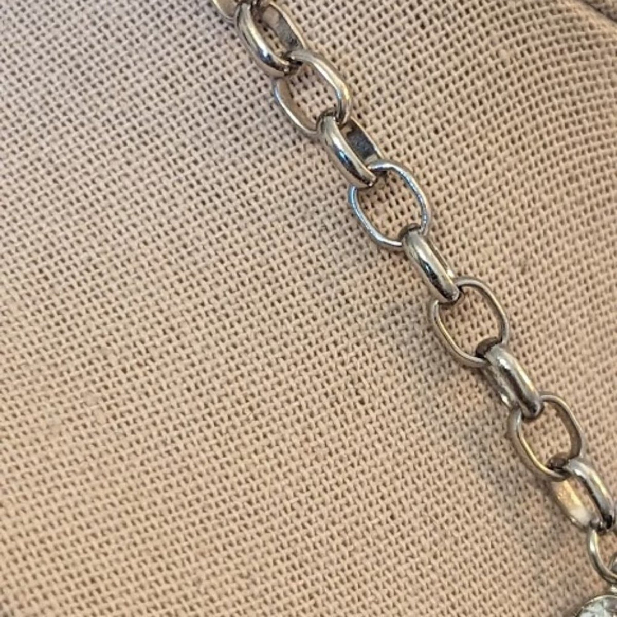 Silver Tone Rolo Chain Three Black Bead & Rhinestone Station Statement Necklace